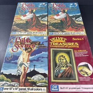 Vintage Lot Of 4 Craft Master Oil Paint By Number Velvet 1973 Jesus UNUSED